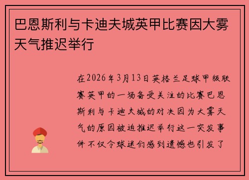 巴恩斯利与卡迪夫城英甲比赛因大雾天气推迟举行